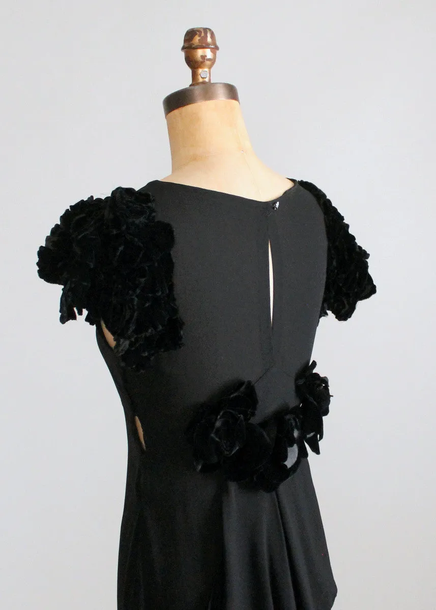 Vintage 1930s Black Evening Dress with Velvet Petal Sleeves