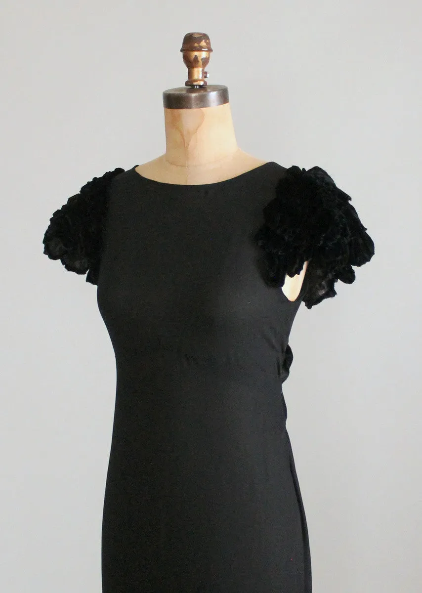 Vintage 1930s Black Evening Dress with Velvet Petal Sleeves