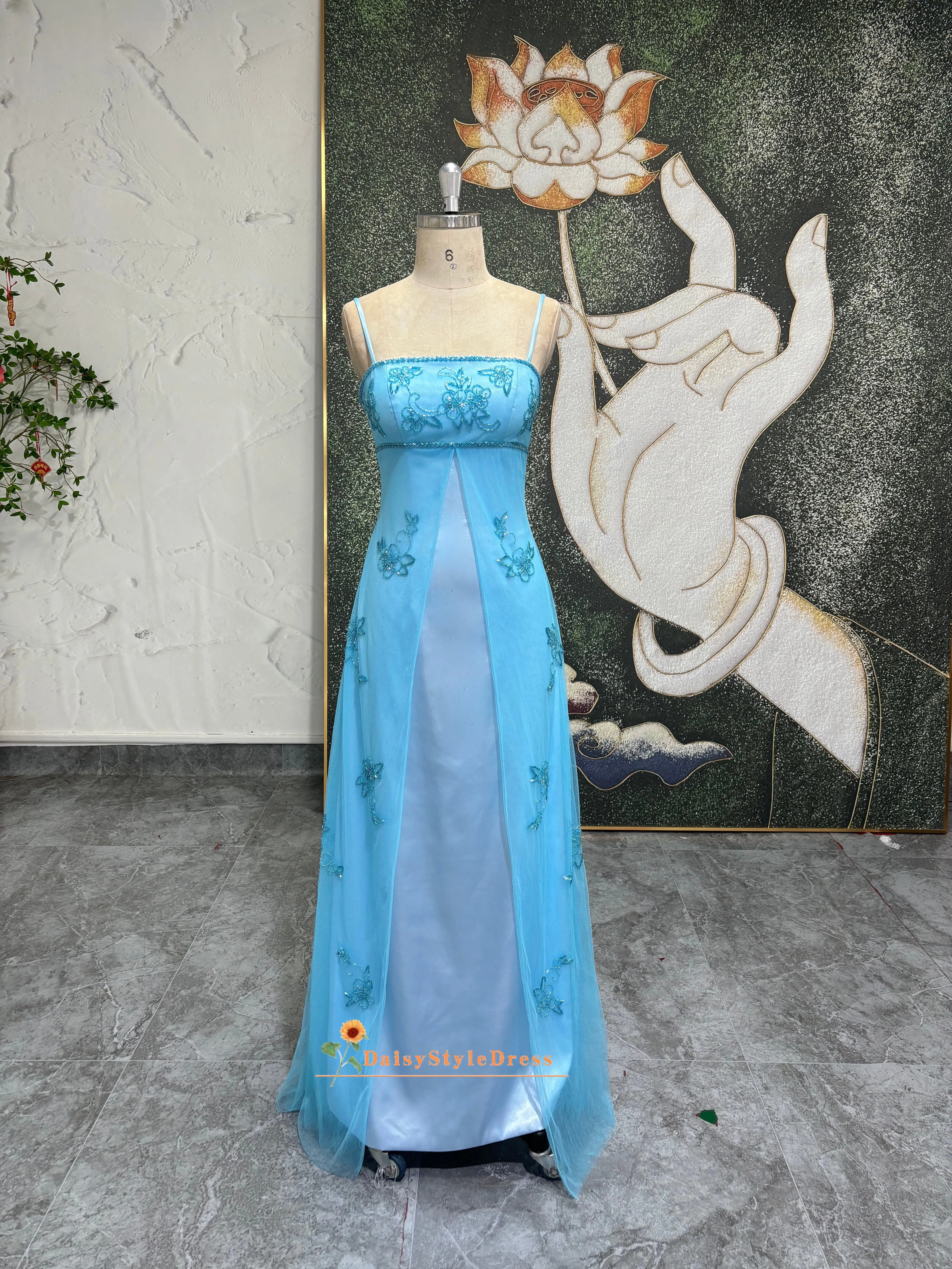 Vintage 90S Beaded Blue Prom Dress