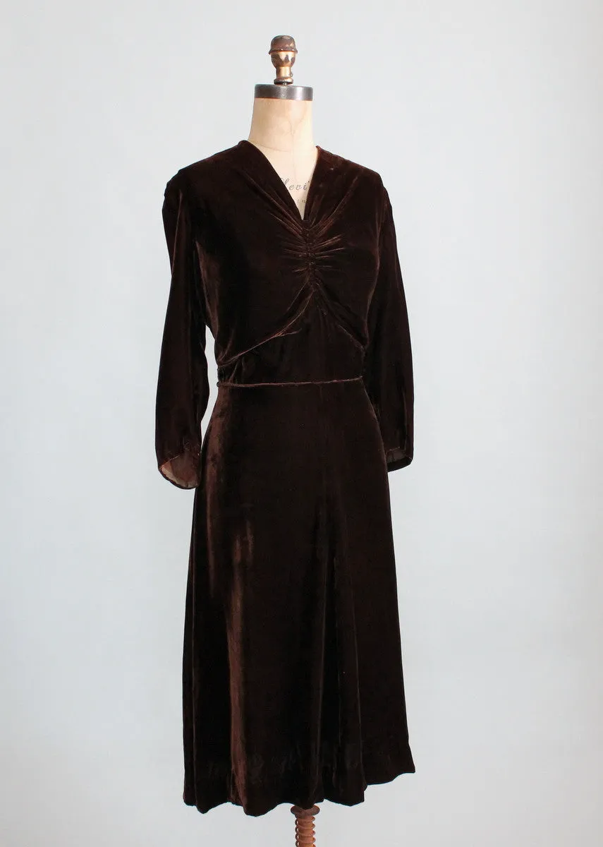 Vintage Late 1930s Classic Brown Velvet Dress