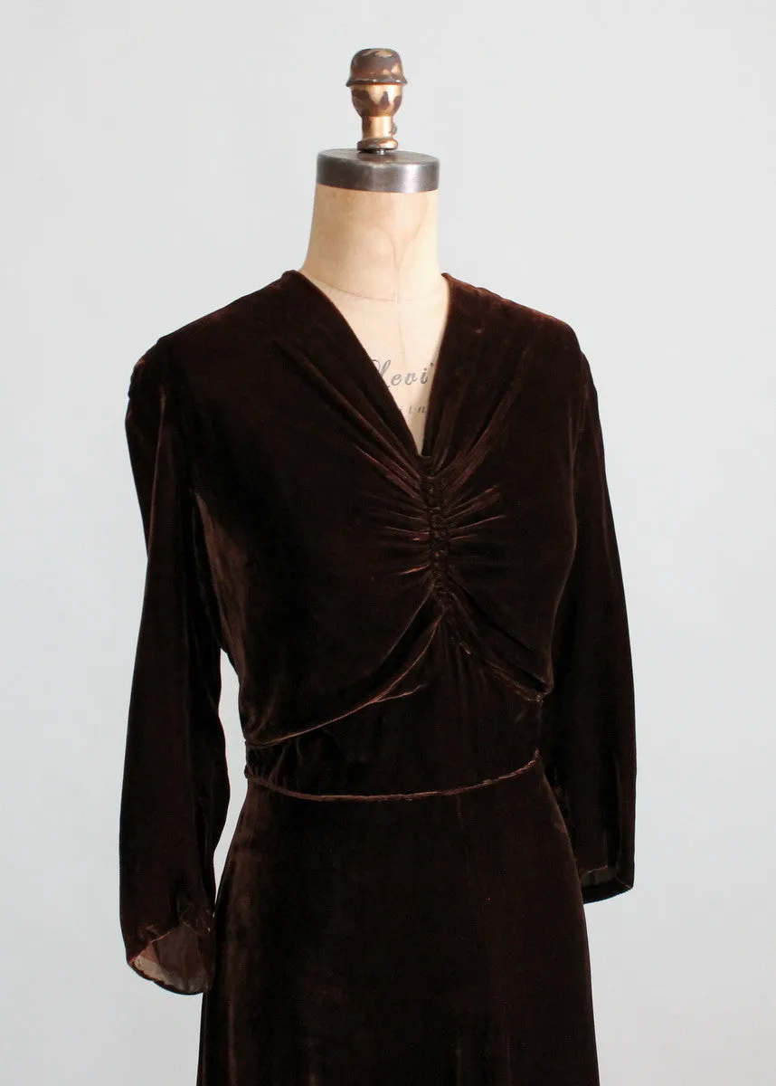 Vintage Late 1930s Classic Brown Velvet Dress