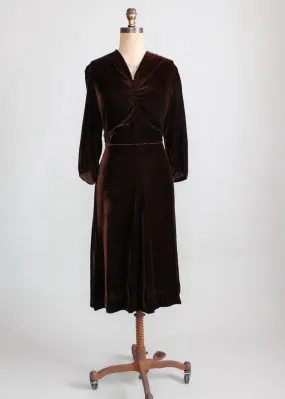 Vintage Late 1930s Classic Brown Velvet Dress