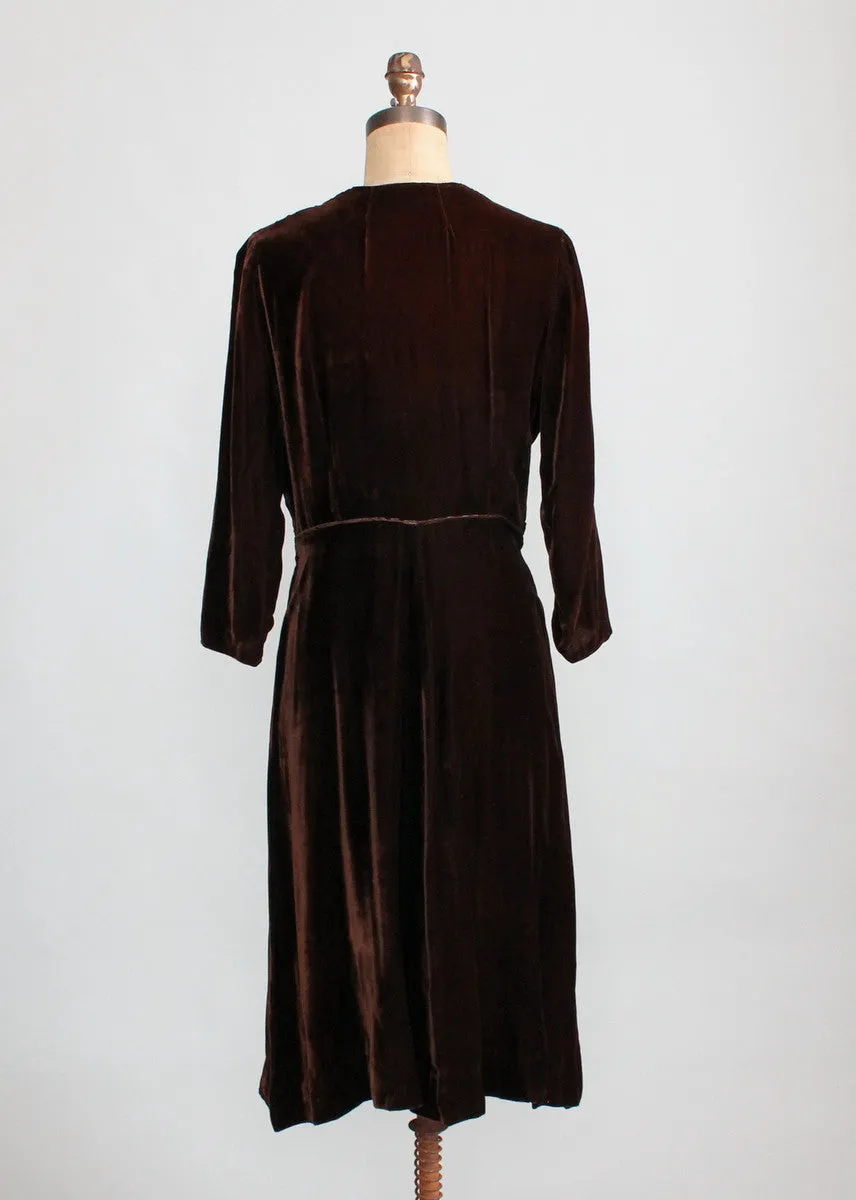 Vintage Late 1930s Classic Brown Velvet Dress