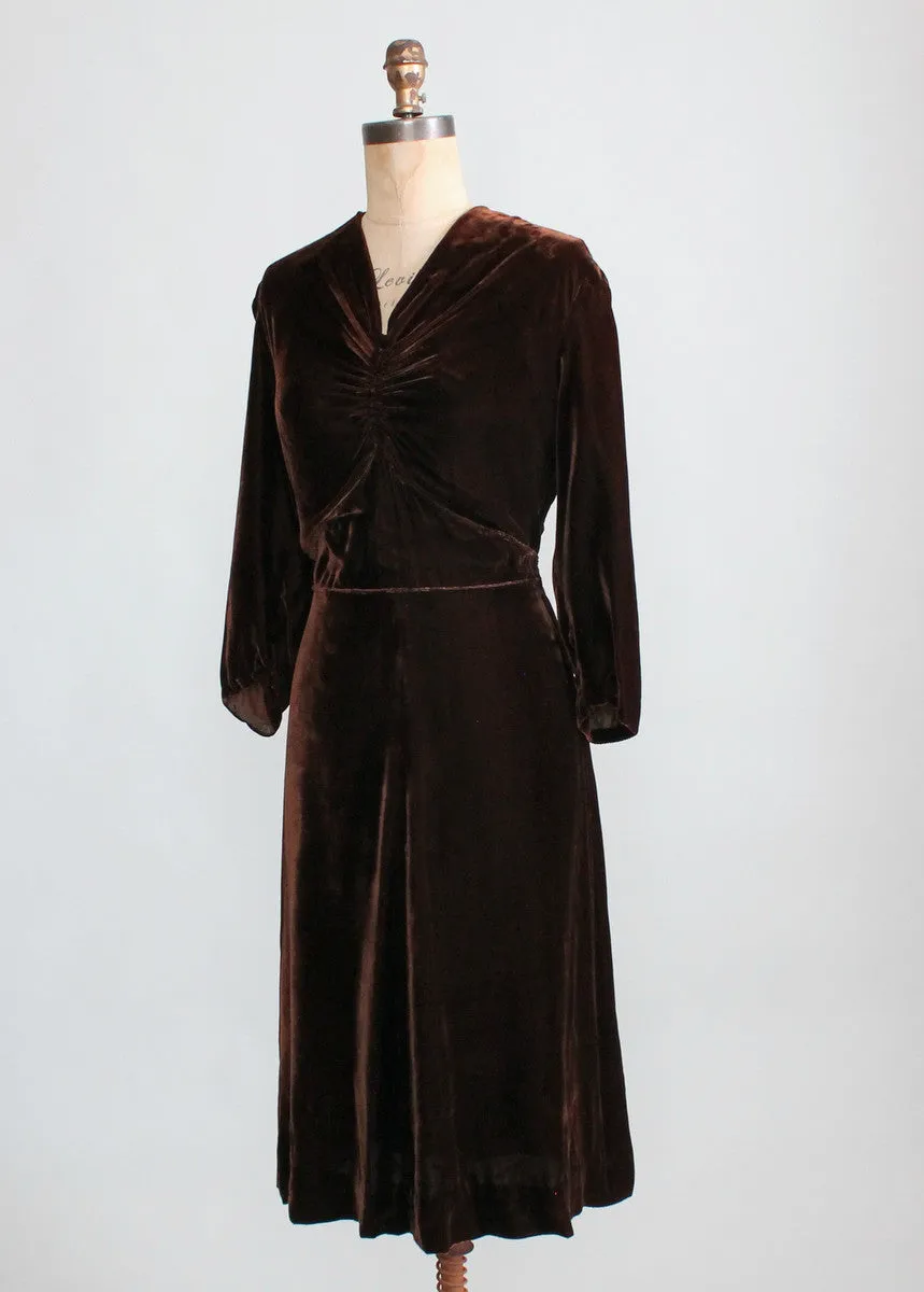 Vintage Late 1930s Classic Brown Velvet Dress