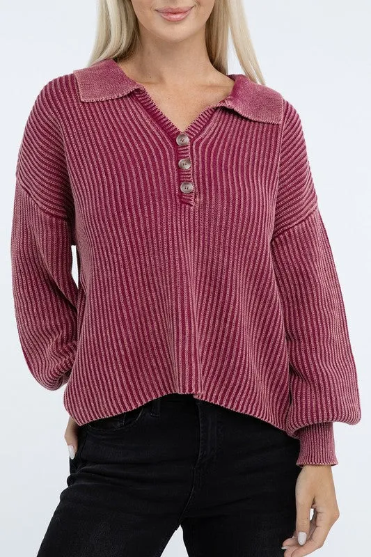 Washed Collared Henley Sweater