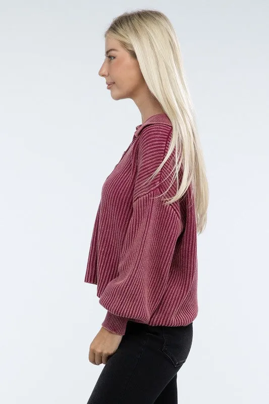 Washed Collared Henley Sweater