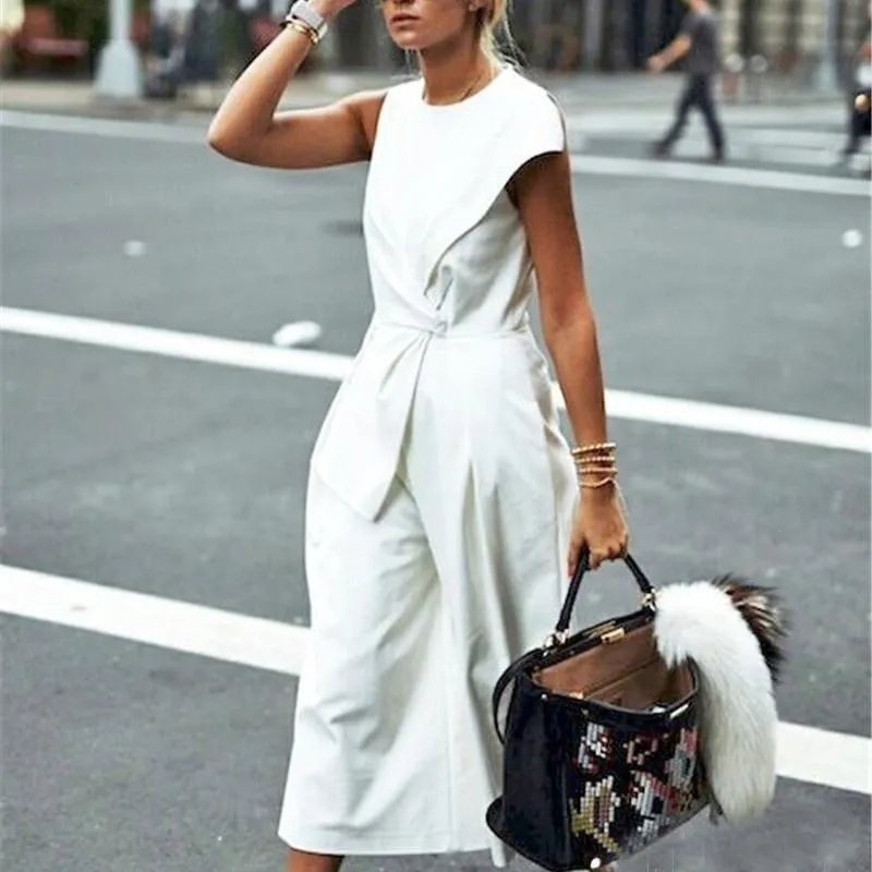 White Sleeveless  Wide Leg High Waist Calf Length Jumpsuits