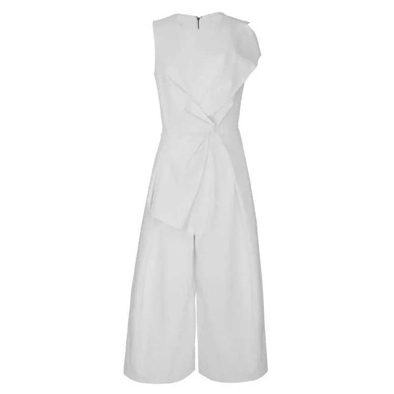 White Sleeveless  Wide Leg High Waist Calf Length Jumpsuits