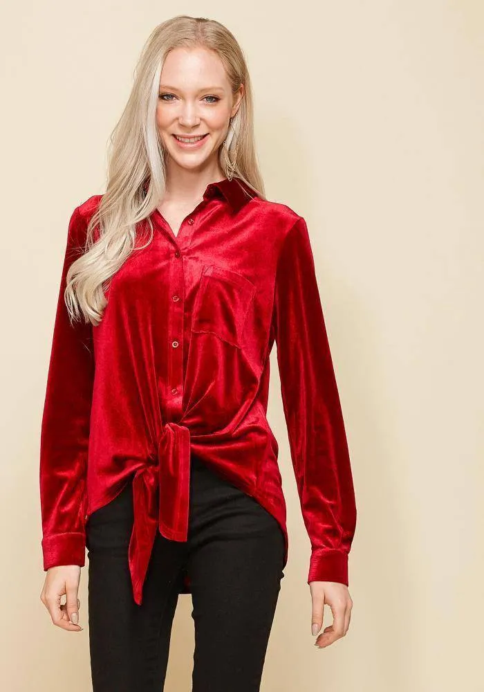 Women's Button Down Velvet Shirt Blouse With Tie Hem in Red