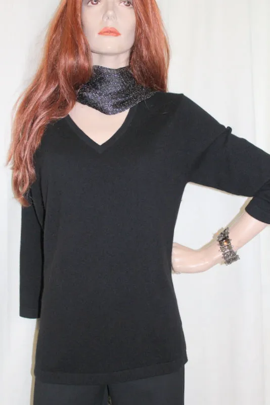 Womens Soft Black Cashmere Three-Quarter Sleeve V-neck Sweater (was £89.99)