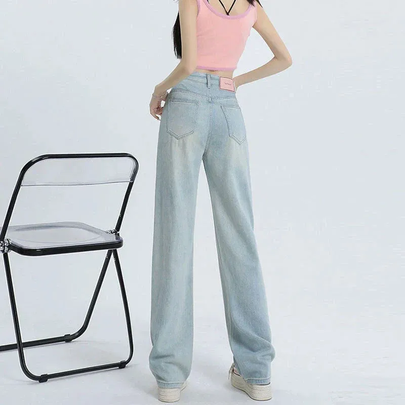 Women's Summer High Waist Wide Leg Leisure Design Drape Mop Jeans