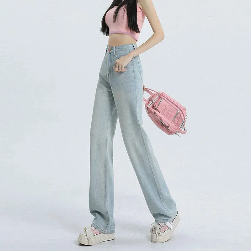 Women's Summer High Waist Wide Leg Leisure Design Drape Mop Jeans