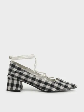 Woven Gingham Ankle Tie Pumps