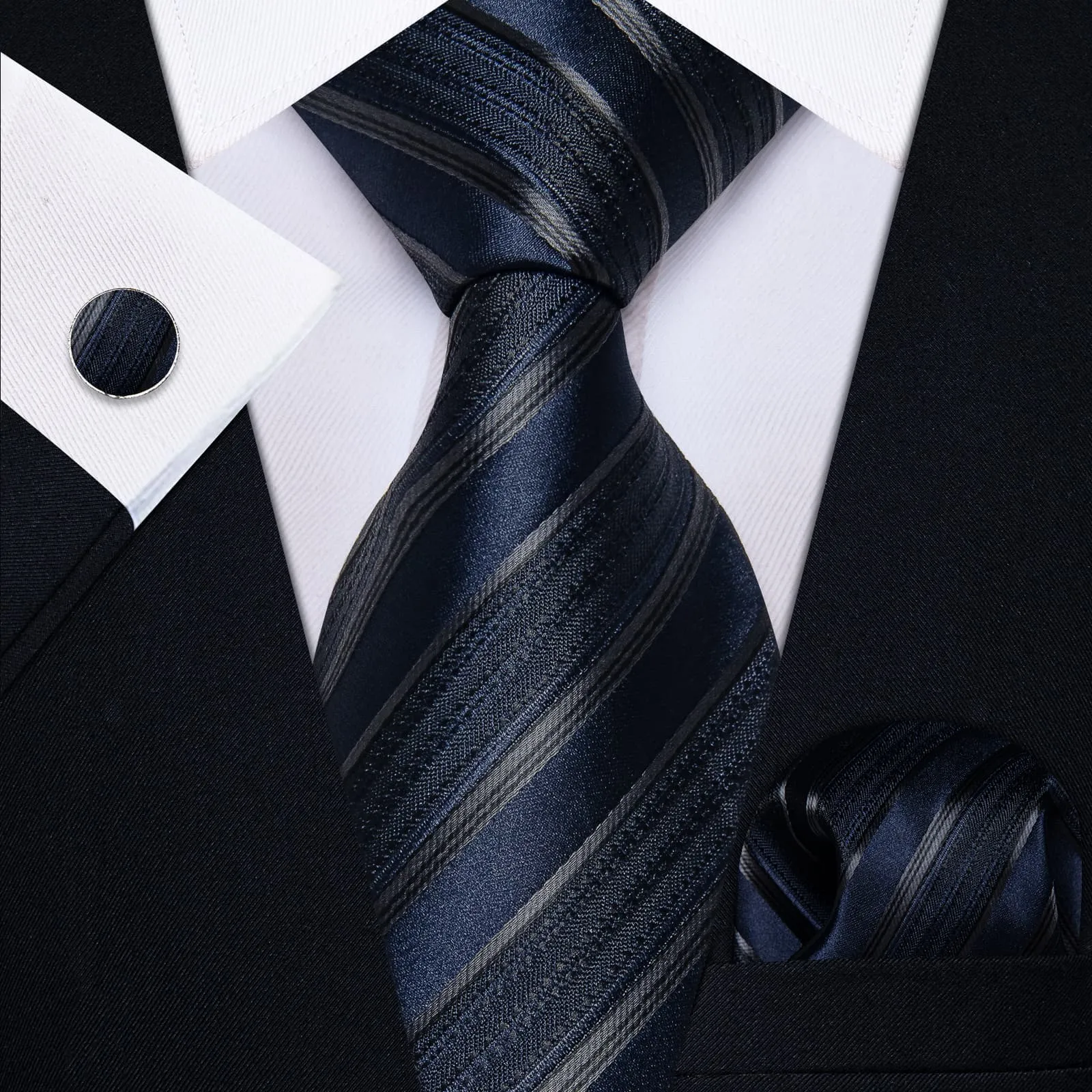 YourTies Black Solid Long Sleeve Shirt with Midnight Blue Striped Silk Tie for Men