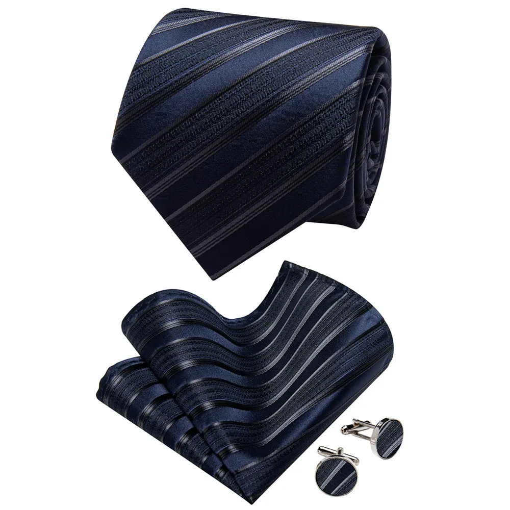 YourTies Black Solid Long Sleeve Shirt with Midnight Blue Striped Silk Tie for Men