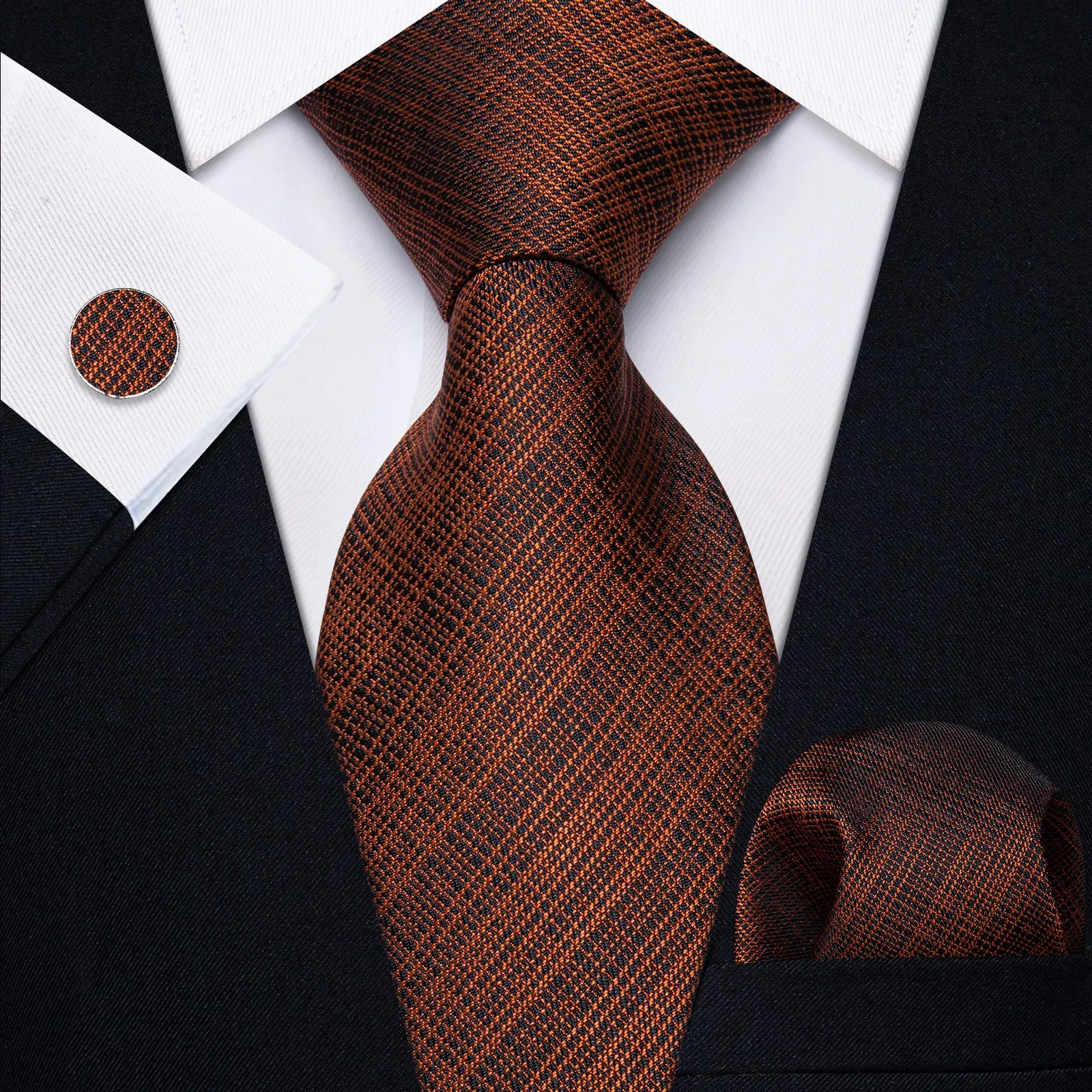 YourTies White Solid Long Sleeve Shirt with Brown Black Striped Silk Tie for Men