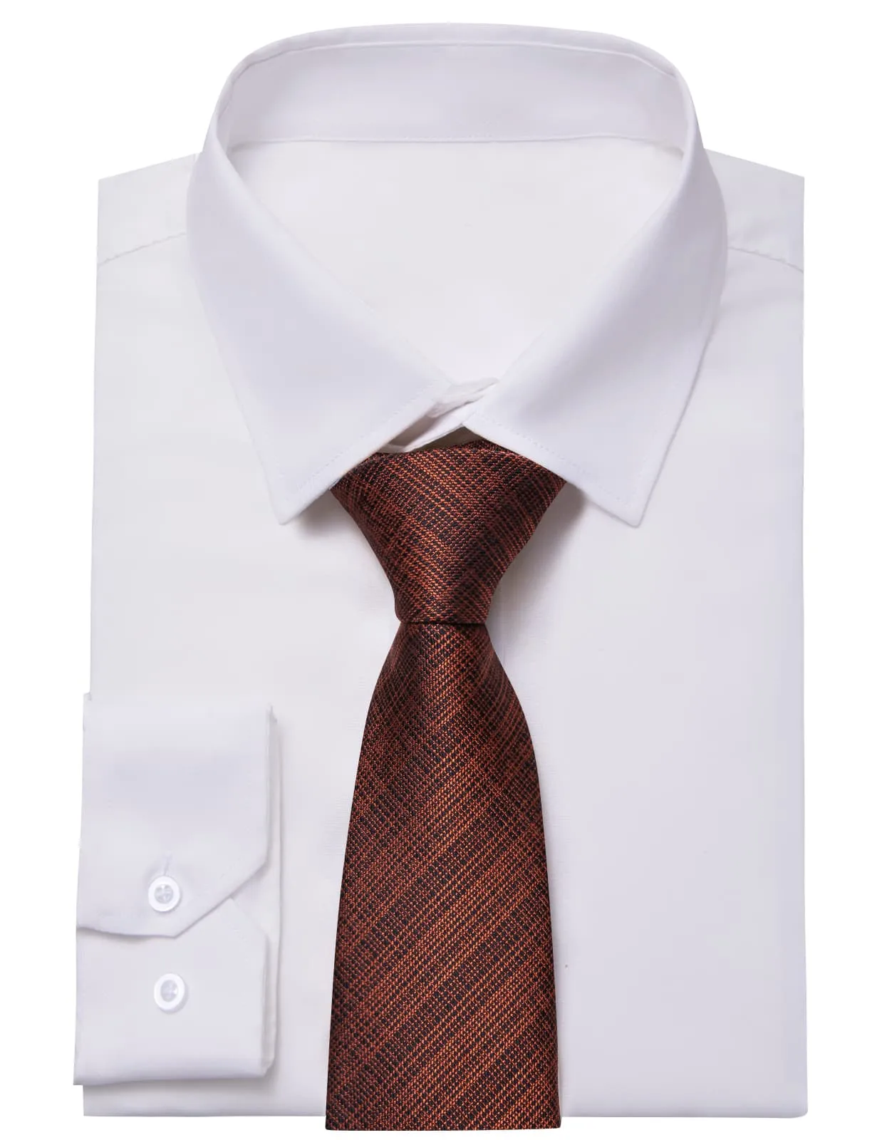 YourTies White Solid Long Sleeve Shirt with Brown Black Striped Silk Tie for Men