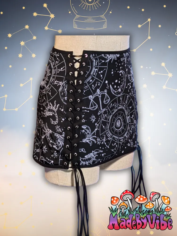 Zodiac Print Lace Up Sides Mini Pencil Skirt - Ready to Ship